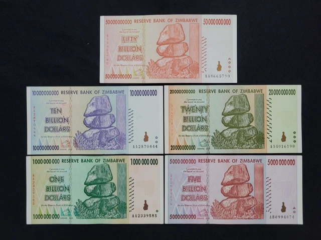 Zimbabwe Set 5 Pcs 1,5,10,20,50 Billion Dollar Lot 5 Pcs
