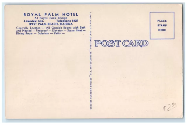 c1940 Royal Palm Hotel Overlooking Lake West Palm Beach Florida Vintage Postcard 2