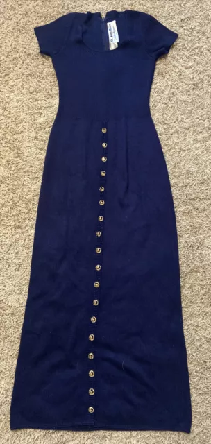 St John Knits Maxi Long Dress Button Up Navy Blue Short Sleeve
