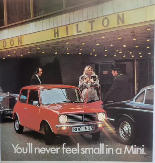 Mini Car "You'll Never Feel Small In A Mini" UK Ad 1974 ILN ~8.5x12.5"