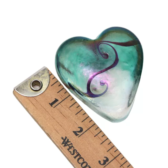 VTG ROBERT HELD Art Glass Heart Paperweight Signed Iridescent Green Purple Swirl 2