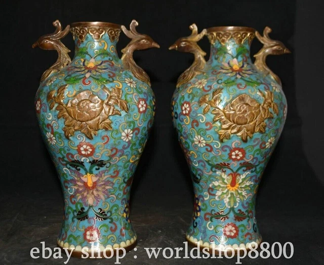 11.2"  Marked Chinese Purple Bronze Cloisonne Enamel Dynasty Vase Bottle Pair