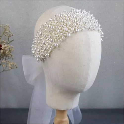 Full Pearl Lace Headbands Party Girl Wide Veil Wedding Hair Ornament Accessories