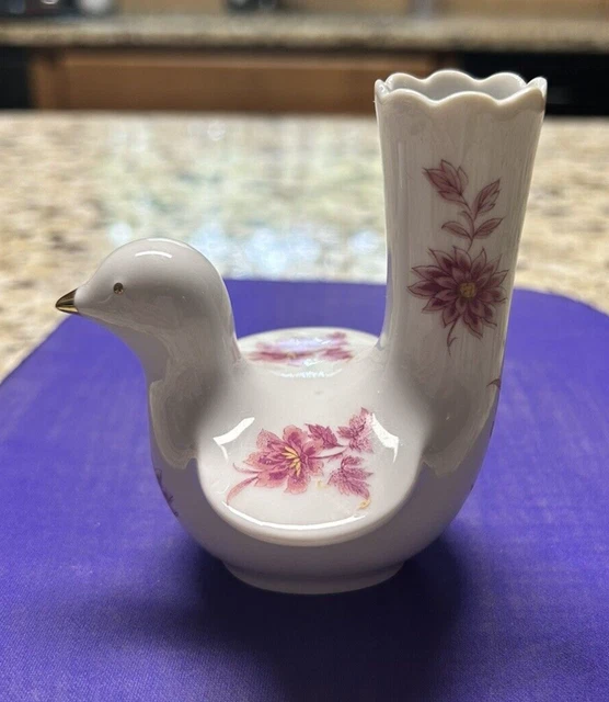 Vintage Bareuther Waldsassen Bird Vase Pink Floral White Porcelain Bavaria