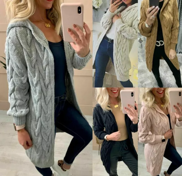 Ladies Cable Knitted Cardigans Oversize Long Hooded Women Chunky Jumper Cape Top
