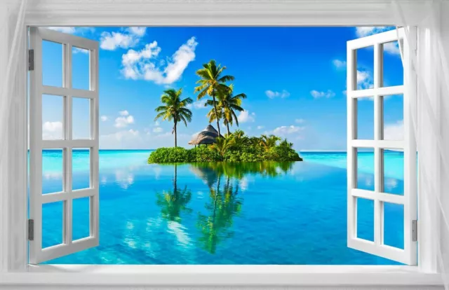 Beautiful Tropical Island Window View A2 CANVAS PRINT Poster 24" X 16"