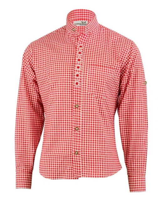 Trachtenhemd Trachten Hemd Herren Edelweissstickerei rot weiss kariert S - 4 XL