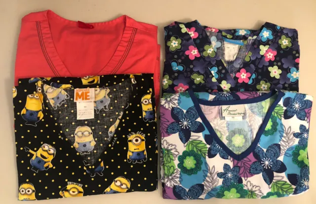 Lot of 4 Scrub Tops Womens Medium Colorful Florals Despicable Me Solid Red