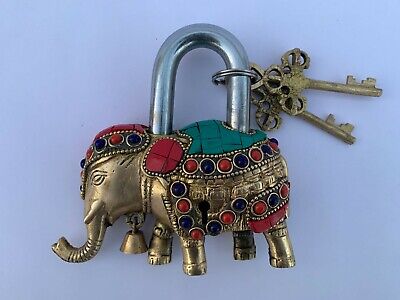 Lock Elephant Brass Padlock Lock Stone Work Vintage Indian Door Lock 2 Key Keys