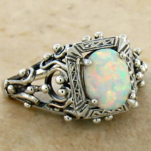 Victorian Design 925 Sterling Silver Lab-Created Opal Classic Style Ring    #583