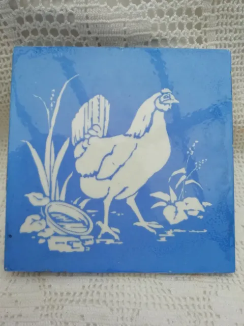 Rare Antique  6 " Minton Blue & White Victorian Tile Chicken Circa 1890