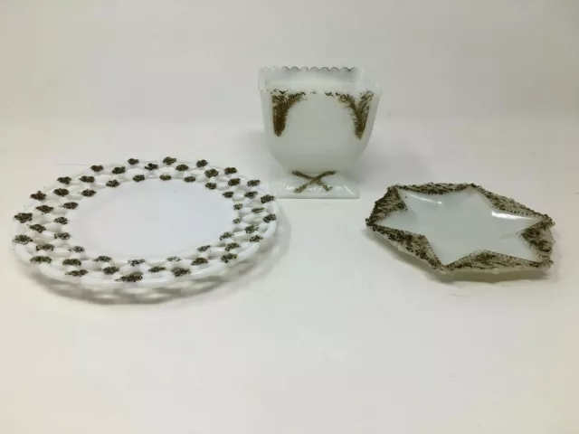 Antique Victorian Milkglass Set 3 Piece Trinket Dishes Bathroom Decor