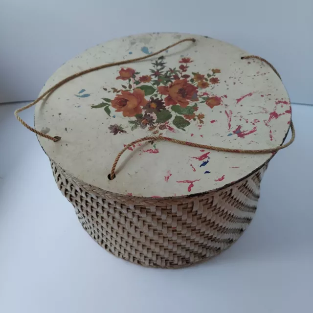 Vintage 1940s Sewing Basket Round Wicker Taupe Gray Floral Decal Shabby Chic