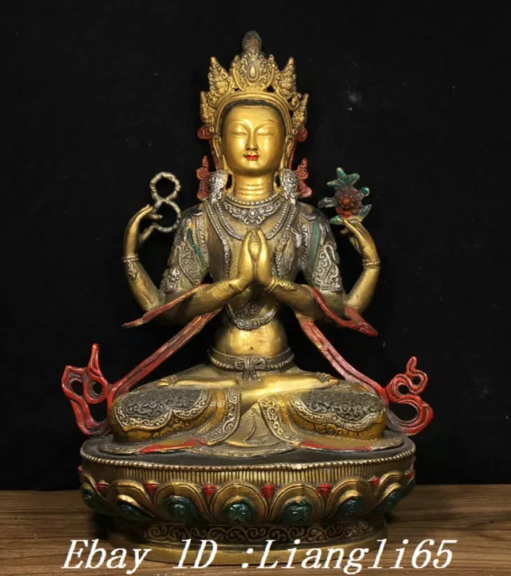 8" Kupfer Vergoldung Malerei 4 Arme Chenrezig Avalokiteshvara Buddha Statue