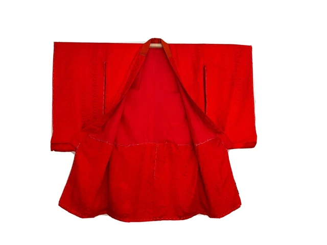 Antique 100% Silk Japanese Kimono Red Naga Juban Long Sleeves Mid Century 1950's