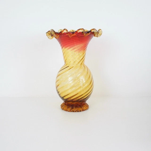 Rare Antique Victorian Amberina Hand Blown Ruffle Top Vase / Art Glass Vase