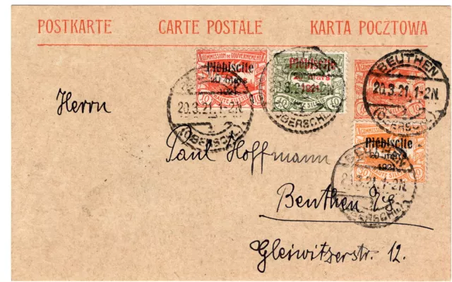 Dt. Abst. Oberschlesien GSK + Zsfr. Mi.Nr. 30, 34, 35 MiF Beuthen 20.3.1921
