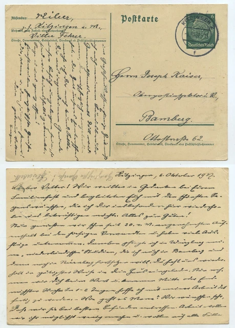 76434 - Ganzsache P 226 - Postkarte - Kitzingen 6.10.1937 nach Bamberg
