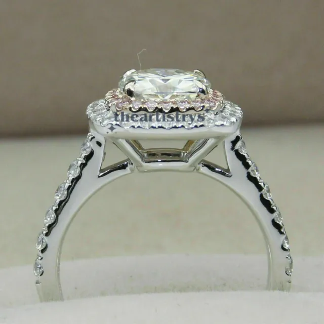 Moissanite Double Halo Engagement Ring Cushion Cut Solid 14K White Gold 3 CT 3