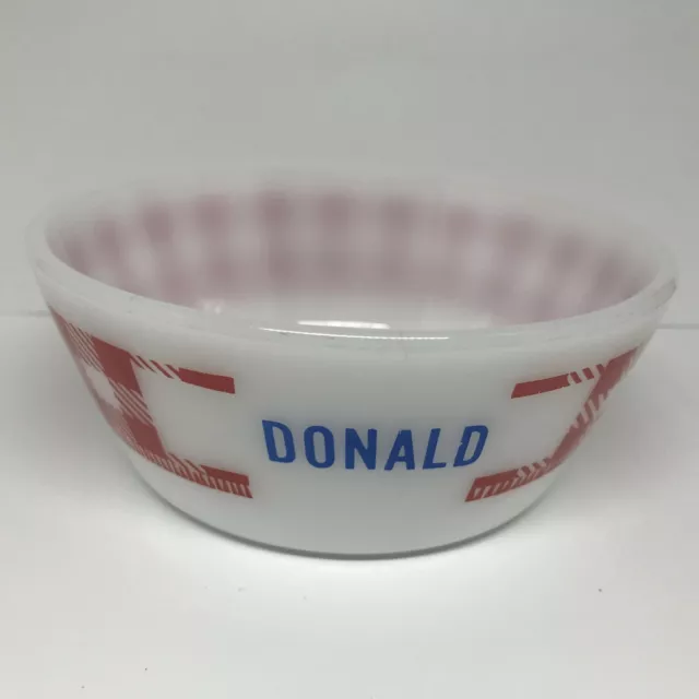 Vtg Milk Glass Cereal Bowl DONALD Red Checked Gingham Plaid Westfield Federal