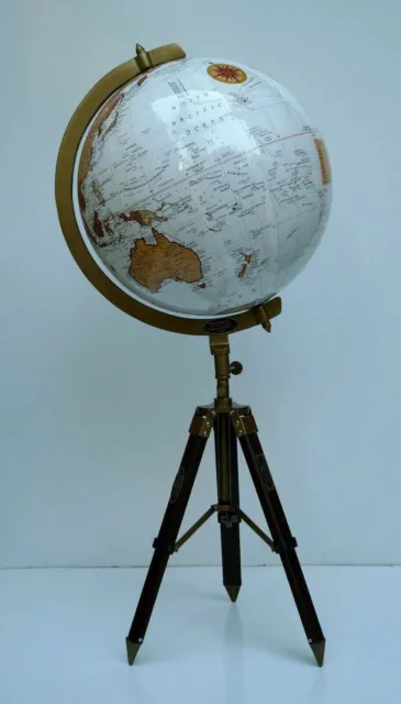 World Globe Map Atlas on Adjustable Tripod Stand Vintage Table Globe White Ocean