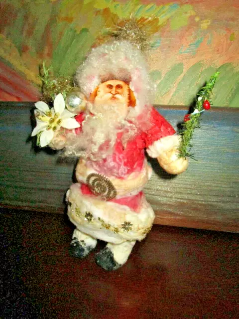 Old spun cotton Santa with Tinsel,Glass Ornament ,Scrap ,Dresdner stars /Germany