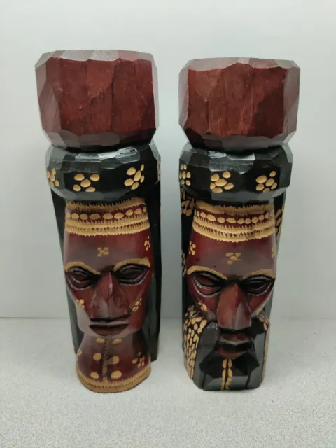 Pair Vintage Hand Carved Jamaica Wood Wooden Tiki Signed  No Problem Heads