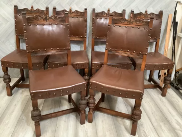 Antique Georgian 6 dining leather chairs web seat studs carved vintage   z1055