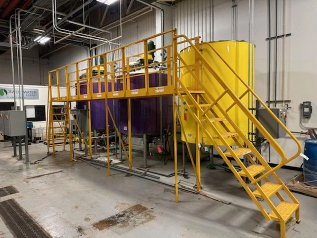 Tri Arc Cross Over Work Platform Mezzanine Stairs w/ Hand Rail 20' x 26" x 7' Tri Arc Cross Over Work Platform Mezzanine Stairs w/ Hand Rail 20' x 26" x 7'