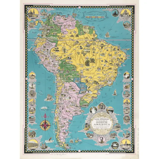 Chase 1942 Pictorial Map South America Buildings Large Canvas Art Print