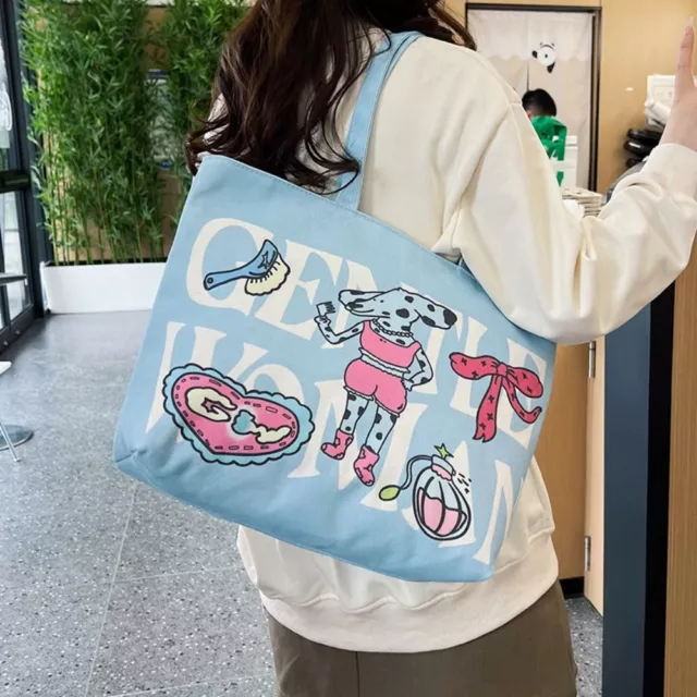 Cartoon Print Women Tote Bag Canvas Handbag Cute Casual Shoulder Bag