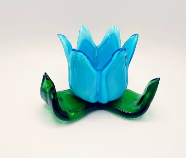 Vtg Murano Style Artglass Cornflower Blue Tulip Green Leaf Votive Candle Holder