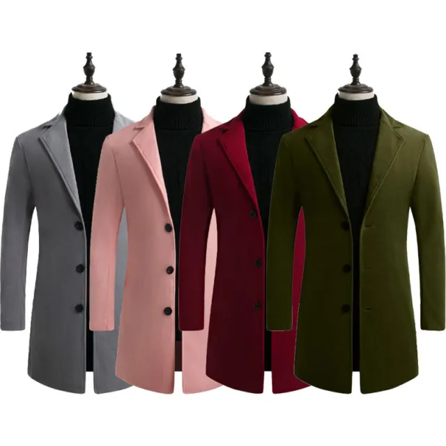 Mens Winter Trench Coats Outwear Overcoat Long Sleeve Button Up Warm Coat Jacket