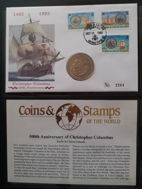 Turks & Caicos Islands - 1992 Christopher Columbus one crown coin PNC cover.