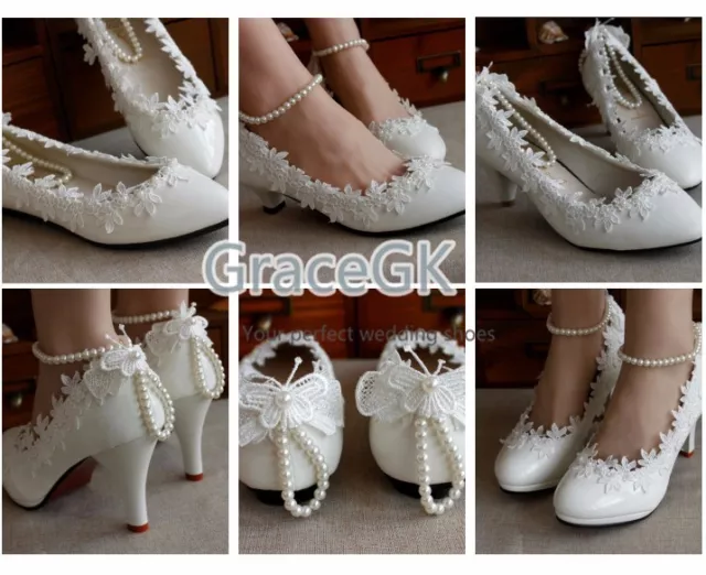 Women's Lace Wedding Shoes Pearls anklet Bridal High Low Heels flat shoes