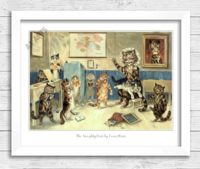 The Naughty Puss by Louis Wain. Framed Vintage Art Print. Cats at school  182