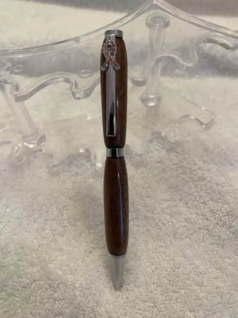 Walnut Handmade Pen With Silver Hardware And Breast Cancer Awaeness Clip