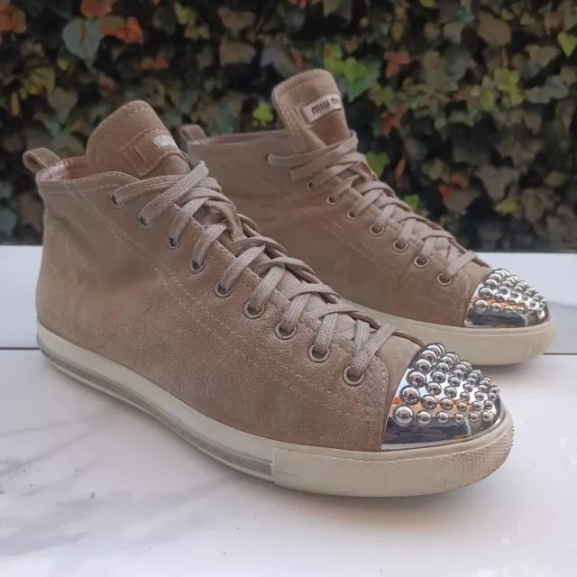 Miu Miu Studded Cap Toe Mid Suede Sneakers Women's Size 8 Tan