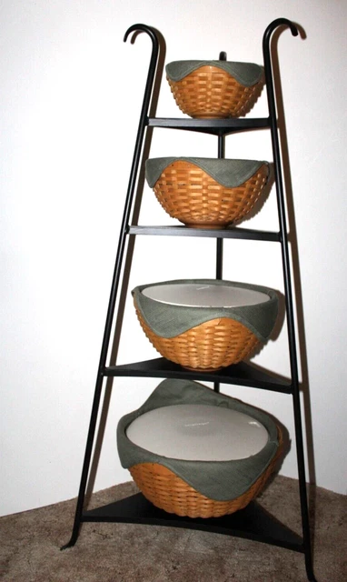 Longaberger Hostess Nesting Bowl Baskets Sage Liner Wrought Iron Stand 17-Pc Set