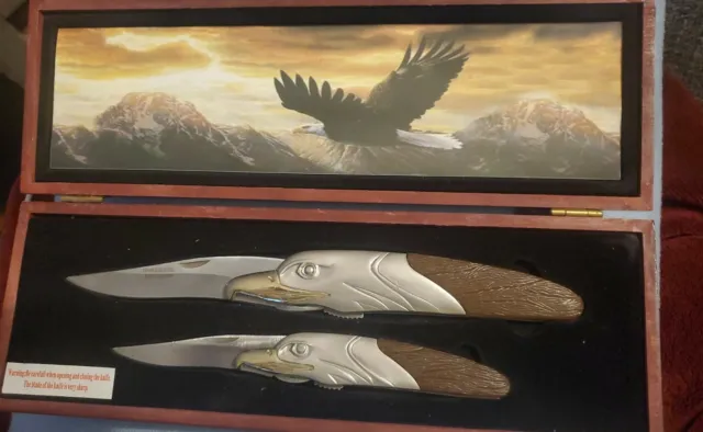 Collectors Bald Eagle Pocket Knife With Eagle Head On End Of The Knife Set Of 2