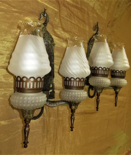 2 ANTIQUE LIGHTMASTER DECO ERA VICTORIAN CAST IRON WALL SCONCES FIXTURES 1930's
