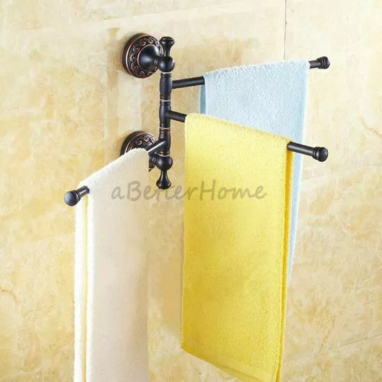Black Carved Bathroom Coat Rack Hanger Wall Mount 3-Bar Swivel Towel Rail Holder