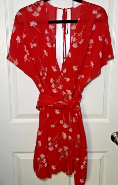 Lush Red Floral Mini Dress Deep V-Neck Button Front Tassel Tie Back Size Large