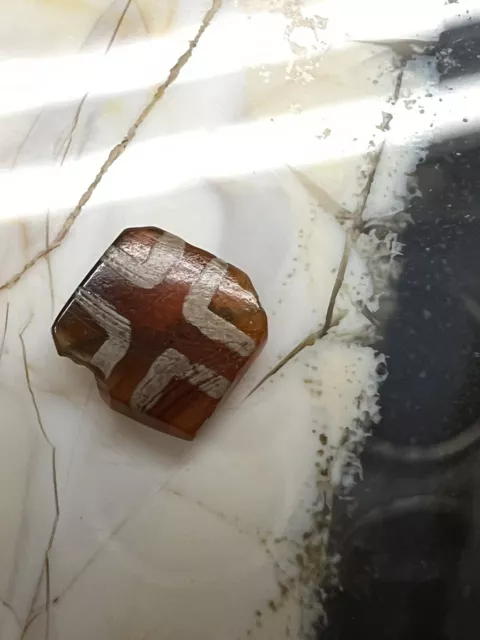 Ancient 10 Sided Faceted Tabular Bead. Etched carnelian 2 cross/8 eye bead