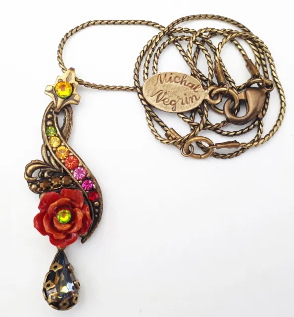 Michal Negrin Multicolor Crystals Rose Pendant Necklace - Victorian Antique Boho