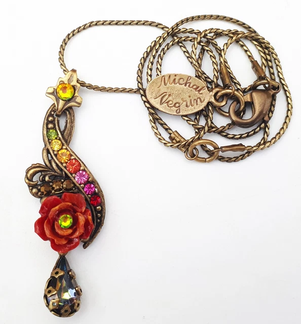Michal Negrin Multicolor Crystals Rose Pendant Necklace - Victorian Antique Boho