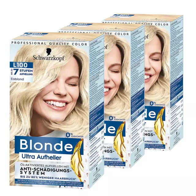 3 x Schwarzkopf Blonde Ultra Aufheller L100 Eisblond Dauerhafte Haarfarbe