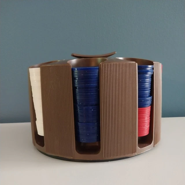 In BOX VTG Bicycle Revolving Poker Chip Rack 2 Deck Hold- Walnut EXTRA 100 Chips