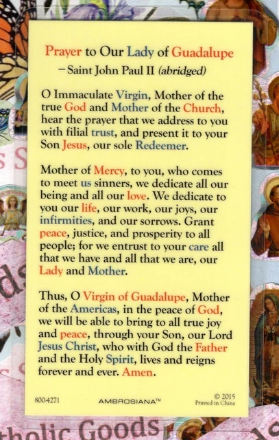 PRAYER TO OUR Lady of Guadalupe - St John Paul II - Laminated Holy Card ...