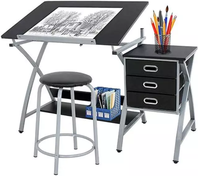 ADJUSTABLE DRAWING DESK Drafting Table Folding Art Craft Table Station ...